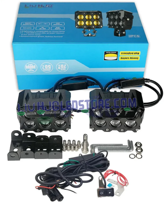 HJG Future Eyes 6x6 180W LED Fog Light Set | 6 Lens Mega Drive, 6000K Cool White, Spot & Flood Beam, Wiring Harness Kit for Bikes, Cars, Thar & Jeep (Pack of 2)