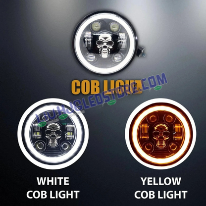 HJG Skull 5.75-Inch 75W LED Headlight Assembly | Multi-DRL Effects, 6500K White Light & White/Yellow Angel Eye | H4 Plug & Play, High/Low Beam | 12–80V DC | Harley Davidson, Jeep & Bajaj Avenger