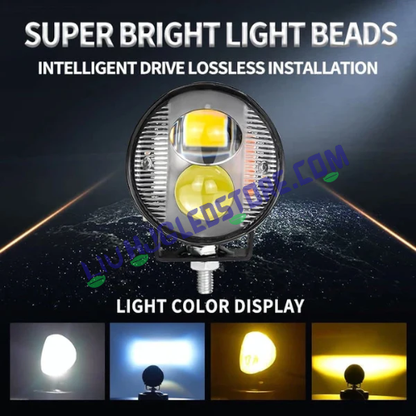 HJG Dual LED Round Fog Light with Red & Blue Strobe Flash – White/Yellow Beam for Bikes & Cars (Single Piece)