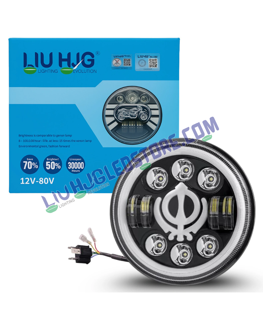 HJG 7-Inch LED Headlight with Yellow & White Dual Halo Ring – Round Universal Fit for Royal Enfield, Jeep & Harley Davidson (Khanda Design)