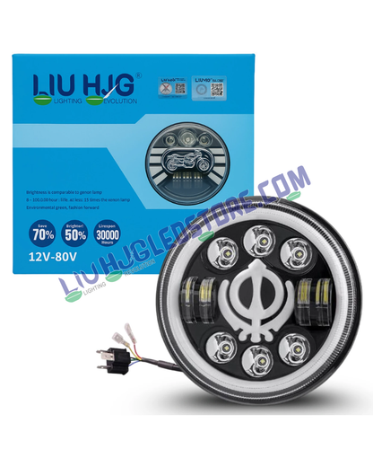 HJG 7-Inch LED Headlight with Yellow & White Dual Halo Ring – Round Universal Fit for Royal Enfield, Jeep & Harley Davidson (Khanda Design)