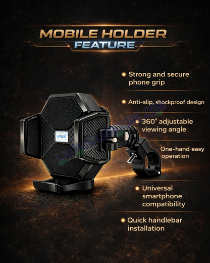 LIU HJG Heavy-Duty Motorcycle Mobile Holder with Handlebar Mount – 360° Rotatable, Shockproof, Secure Grip Smartphone Holder (Universal Fit, Pack of 1)