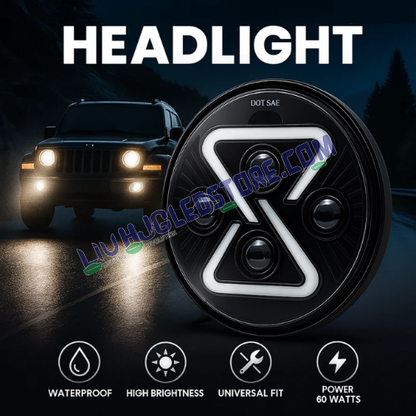 HJG 7-Inch Z-Shape Animated LED Headlight with Blue DRL – High Power White LED Assembly for Royal Enfield, Thar, Jeep & Gypsy (75–120W CREE/Osram)