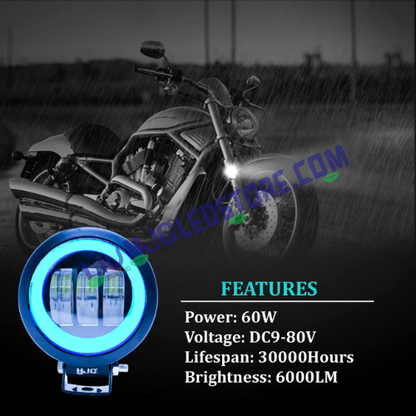 HJG 3 LED Harley Style Round Fog Light with Blue DRL – 60W Universal Auxiliary Light for Bikes & Cars
