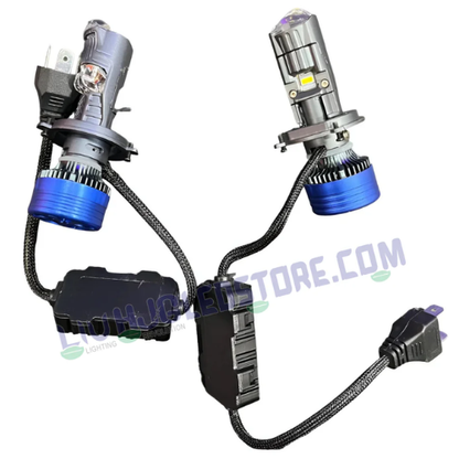 HJG H4 Dual Y6 RTD Condenser Projector LED Headlight Bulbs – 100W Hi/Lo Beam, 10,000LM H4 3-Pin Headlights with Cooling Fan for Cars & Motorcycles (Pack of 2)