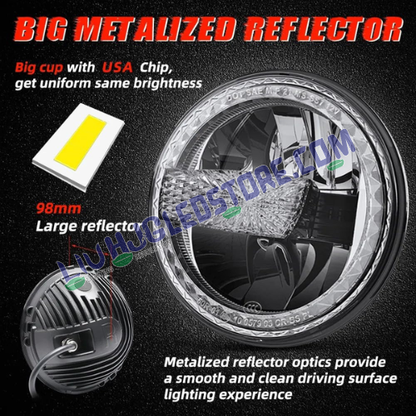HJG 7-Inch Crystal Minus LED Headlight – White Multi-Color 75–120W with CREE/Osram Chip, High/Low Beam & DRL for Royal Enfield, Jeep, Thar & Gypsy