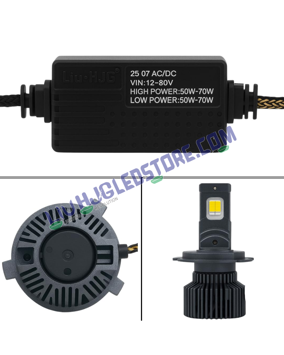 HJG M2 Mini H4 70W Dual Beam LED Headlight – 7000LM White High & Yellow Low Beam with Cooling Fan for Bikes & Cars (12V/24V, Single Unit)