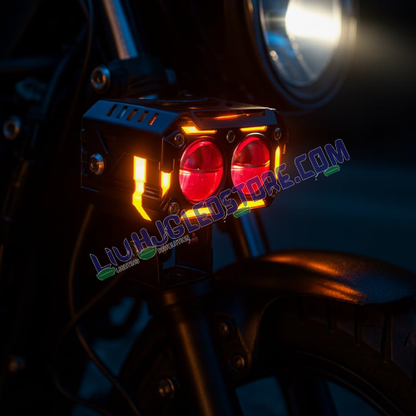 HJG Future Eyes 2-Lens Ring DRL 120W LED Projector Fog Lights with Wiring Harness Kit – Red DRL, Amber Ring, White/Yellow Modes, Universal Fit for Cars & Bikes