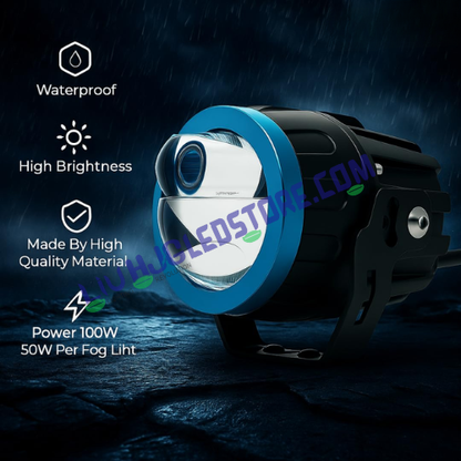 HJG Terminator 1 100W Projector Fog Light with Laser Spot & Wide Beam – Multi-Color (White, Yellow, Warm White) with Red DRL, Dual Intensity LED, Universal Fit for Cars & Bikes