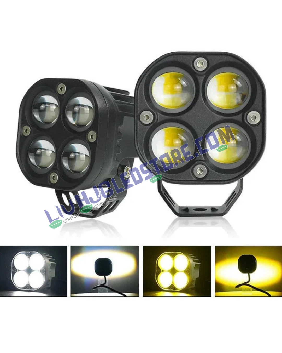 HJG 4x4 Projector Lens 80W LED Fog Light Kit with Wiring Harness – Dual Color White/Yellow with Flash Mode for Cars & Bikes