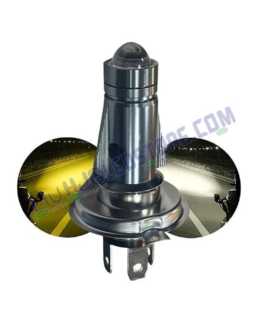 HJG H4 Mini Jet Rocket LED Headlight Bulb – White & Yellow Dual Beam (50W) with Long-Range Focused Lens for Motorcycles (12V Hi/Lo)