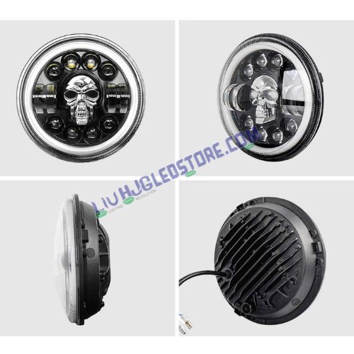 HJG 7-Inch Harley Skull Design LED Headlight for Royal Enfield (All Models) & Mahindra Thar | 12V–80V, 75W