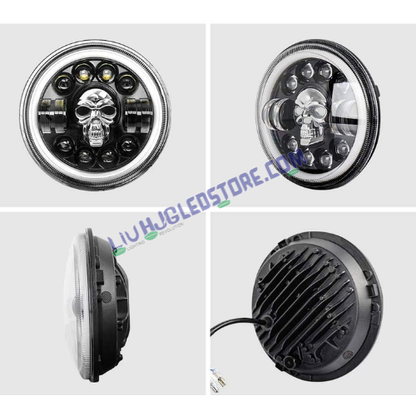 HJG 7-Inch Harley Skull Design LED Headlight for Royal Enfield (All Models) & Mahindra Thar | 12V–80V, 75W