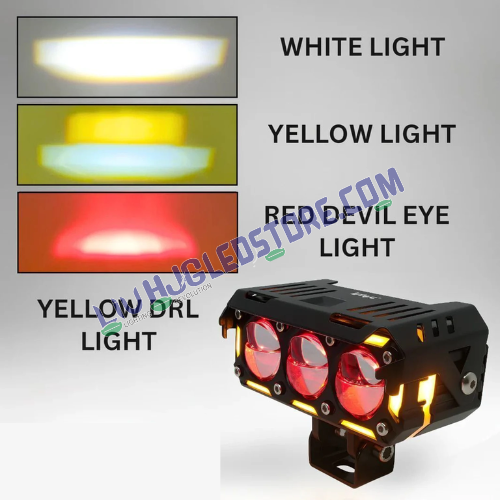 HJG Future Eyes 3-Lens Ring DRL 240W LED Projector Fog Light Kit with Wiring Harness – Red DRL, Amber Ring, White/Yellow Modes, Universal for Cars & Bikes