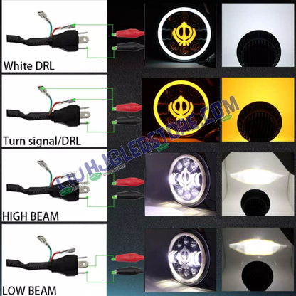 HJG 7-Inch LED Headlight Khanda DRL | 75W High/Low Beam, White & Amber DRL, Turn Indicator, 7-Inch compatible with Royal Enfield, Jeep & Harley Davidson