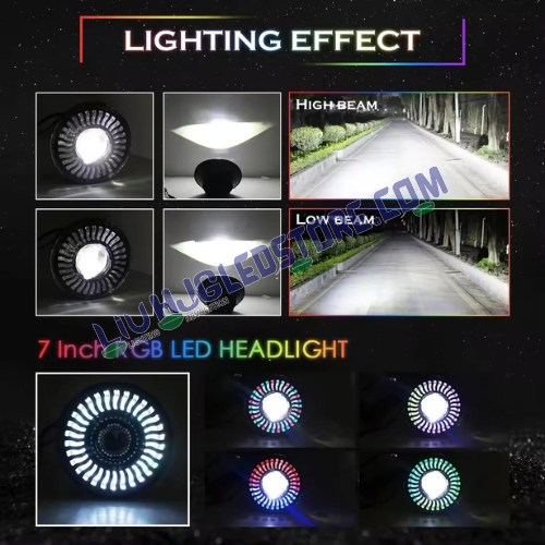 HJG 7-Inch RGB LED Headlight Assembly – 75–120W CREE/Osram Multicolor, Compatible with Royal Enfield, Jeep, Thar & Gypsy