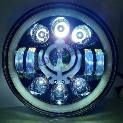 HJG 7-Inch LED Headlight with Yellow & White Dual Halo Ring – Round Universal Fit for Royal Enfield, Jeep & Harley Davidson (Khanda Design)