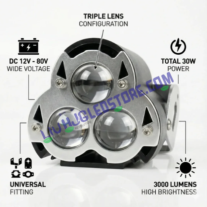 HJG G15 Dragon 30W Triple Lens Fog Light | Multi Mode White Yellow Warm White Flash Hi Lo Beam for Bikes, Cars (Single Piece)