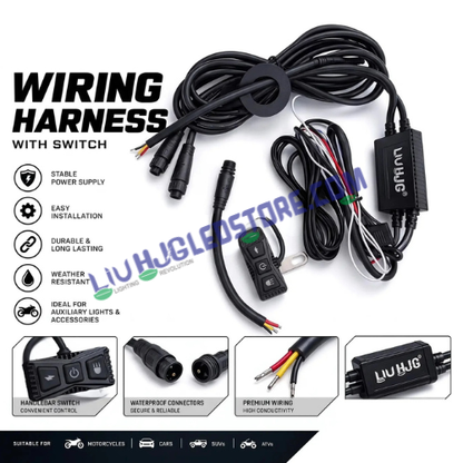 HJG Premium 3-Pin 120W LED Wiring Harness Kit | Backlit Handlebar Switch with Flashing Mode | Waterproof Coupler-to-Coupler Wiring | Relay & Fuse | For Fog Lights, Auxiliary Lights, Bikes, Cars, SUVs & ATVs