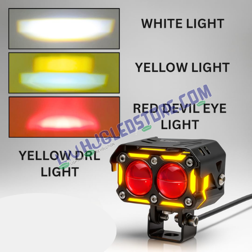 HJG Future Eyes 2-Lens Ring DRL 120W LED Projector Fog Lights with Wiring Harness Kit – Red DRL, Amber Ring, White/Yellow Modes, Universal Fit for Cars & Bikes