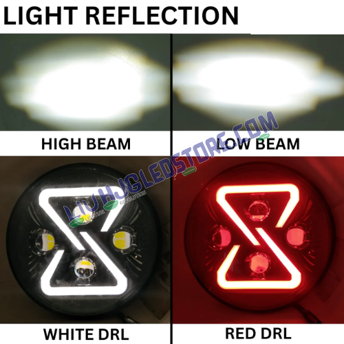 HJG 7-Inch Z-Shape Animated LED Headlight with Blue DRL – High Power White LED Assembly for Royal Enfield, Thar, Jeep & Gypsy (75–120W CREE/Osram)