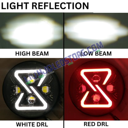 HJG 7-Inch Z-Shape Animated LED Headlight with Blue DRL – High Power White LED Assembly for Royal Enfield, Thar, Jeep & Gypsy (75–120W CREE/Osram)