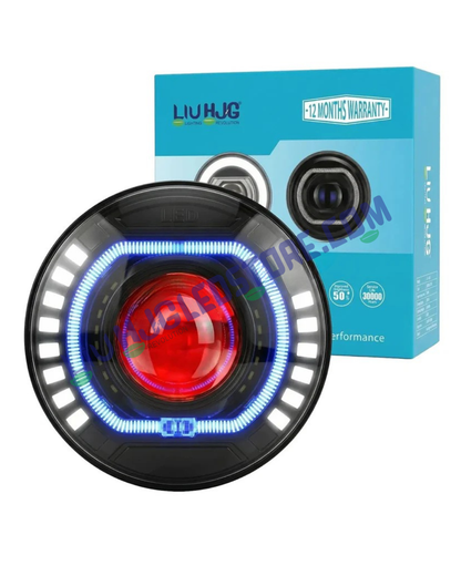 HJG C-227 7-Inch LED Projector Headlight with Red & Blue Halo DRL – 108W Ultra-Wide Beam for Royal Enfield, Jeep, Thar & Gypsy