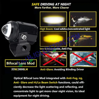 HJG Mini Drive LED Fog Light – Dual Color Yellow/White with Universal Fit for Cars & Bikes