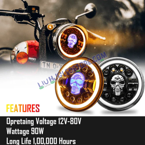 HJG 7-Inch Harley Skull Design LED Headlight for Royal Enfield (All Models) & Mahindra Thar | 12V–80V, 75W