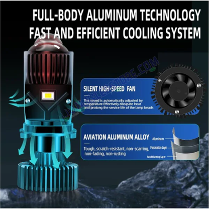 HJG H4 Dual Y6 LED Projector Headlight Bulb with Condenser RTD Lens | Hi/Lo Beam | 12V–80V | 100W | 5000LM | 3-Pin H4 Projector with Cooling Fan (Pack of 2)