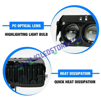 HJG 4 Lens 50W LED Projector Fog Light with Red & Blue Flash DRL – Multi-Color Driving Light for Cars & Bikes (Single Piece)