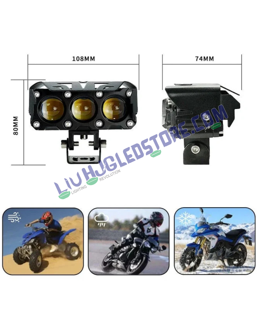 HJG Future Eyes 3-Lens 120W Projector Fog Light Kit | Dual Color White/Yellow, 12000LM, Multi-Mode LED Auxiliary Lights with Wiring Harness for Cars & Bikes