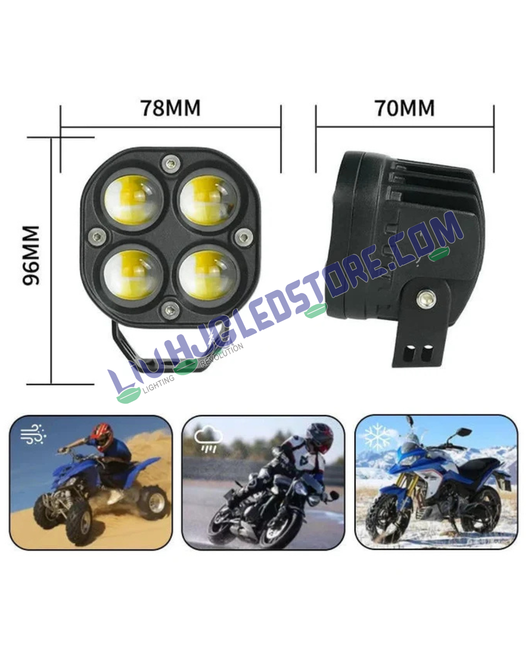 HJG 4x4 Projector Lens 80W LED Fog Light Kit with Wiring Harness – Dual Color White/Yellow with Flash Mode for Cars & Bikes
