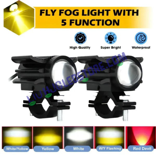 HJG Mini Devil Fly 80W Fog Light Set with Red DRL – Multi-Color LED (Red, Yellow, White) Auxiliary Lights, Pack of 2