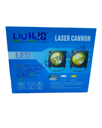 HJG Laser Cannon 80W Projector Fog Lights with Long-Range Laser Beam (500m High Beam / 300m Low Beam) – Dual Color White & Yellow for Cars & Bikes (Set of 2)