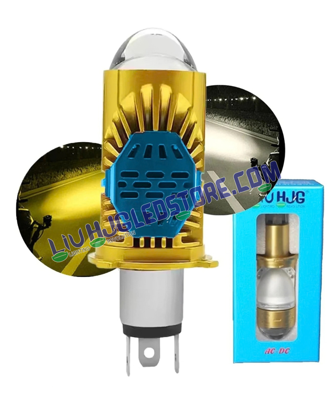 HJG RTD Lens H4 50W Dual-Color LED Projector Bulb | Yellow 3000K Low Beam & White 6500K High Beam | 3500–5000LM | Cooling Fan | H4 Plug & Play | 12–80V DC | Bike & Car | Pack of 1
