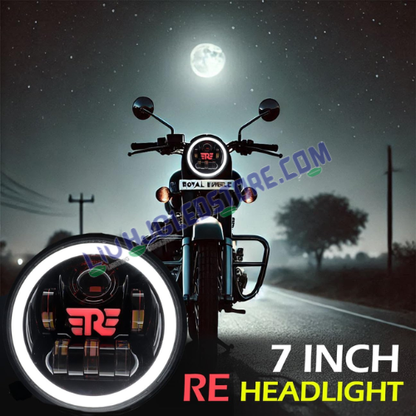 HJG 7-Inch RE Logo LED Headlight Assembly | 75–90W, Multi-Color DRL, High/Low Beam, CREE/Osram Chip, H4 Plug & PlayCompatible with Royal Enfield, Jeep, Thar & Gypsy