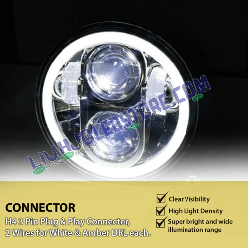 HJG 7-Inch LED Headlight with Clear DRL & Dual Beam – 75W (12V–80V) Compatible with Royal Enfield Models & Mahindra Thar