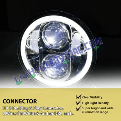 HJG 7-Inch LED Headlight with Clear DRL & Dual Beam – 75W (12V–80V) Compatible with Royal Enfield Models & Mahindra Thar