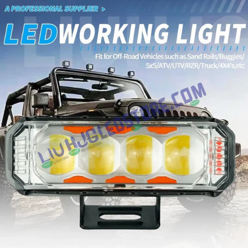 HJG 4 LED Light Bar Fog Lights Set of 2 with White, Yellow Beam and Red-Blue Strobe Flash, Heavy-Duty Build for Bikes and Cars