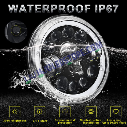 HJG 7-Inch Skull Design LED Headlight | Dual-Color Halo White/Yellow, 30W, High/Low Beam, DRL & Turn Signal, H4 Plug & Play, Royal Enfield, Jeep & Harley Davidson (Harley Boss Style)