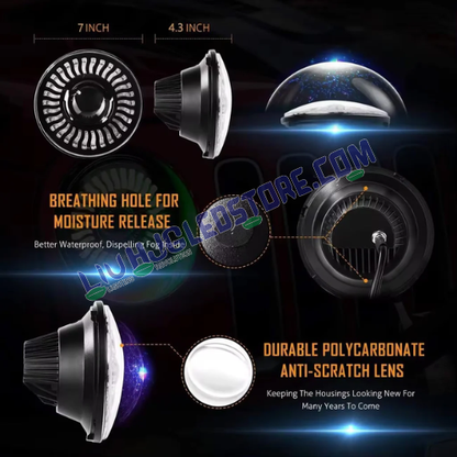 HJG 7-Inch RGB LED Headlight Assembly – 75–120W CREE/Osram Multicolor, Compatible with Royal Enfield, Jeep, Thar & Gypsy