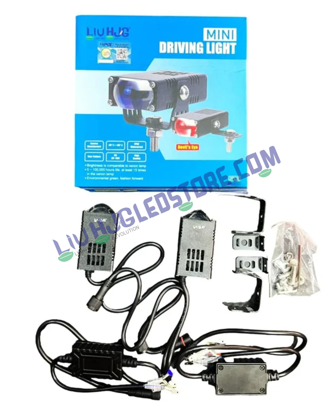 HJG Original Waymaker V4 Dual-Color LED Fog Lights with Red Devil Eye & Canbus Wiring – Mini Drive for Cars & Motorcycles (Set of 2)