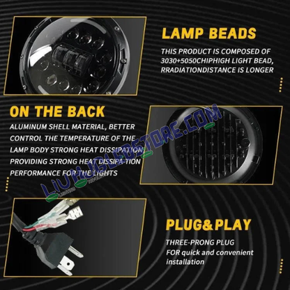 HJG 7-Inch RGB LED Headlight with App & Remote Control, Chasing Halo Ring & Fog Light Kit (12V) – Model 231036