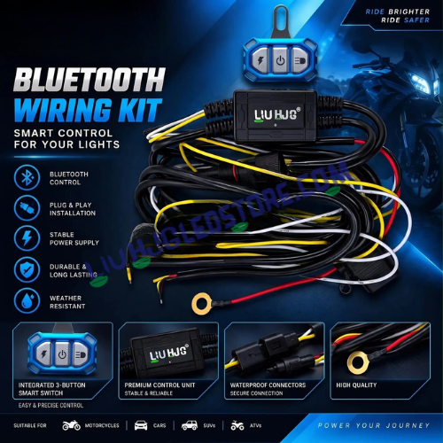 HJG Wireless Bluetooth Fog Light Wiring Harness | 200W Dual-Color 3-Wire Control Kit with 3-Button Smart Remote | High-Power Relay & Waterproof Plug-and-Play Connectors | For Bikes, Cars, SUVs & ATVs