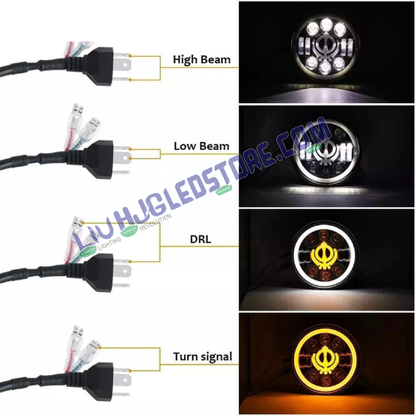 HJG 7-Inch LED Headlight with Yellow & White Dual Halo Ring – Round Universal Fit for Royal Enfield, Jeep & Harley Davidson (Khanda Design)