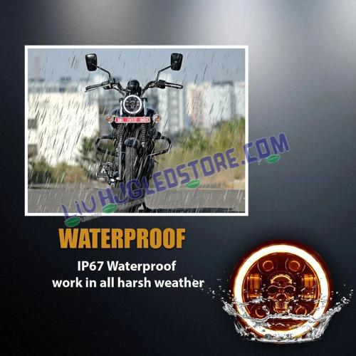 HJG Skull 5.75-Inch 75W LED Headlight Assembly | Multi-DRL Effects, 6500K White Light & White/Yellow Angel Eye | H4 Plug & Play, High/Low Beam | 12–80V DC | Harley Davidson, Jeep & Bajaj Avenger