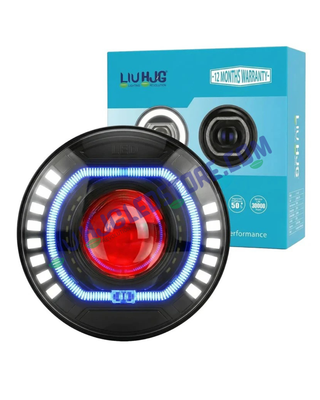 HJG C-227 7-Inch 108W LED Projector Headlight with Red & Blue Halo DRL – Ultra Wide Beam Headlamp for Royal Enfield, Thar, Jeep & Gypsy