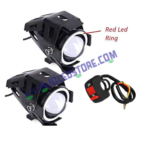 HJG Projector Angel Eyes LED Fog Lights with Red DRL Ring & Switch – Universal Fit for Bikes (Pack of 2)