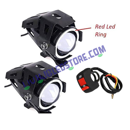 HJG Projector Angel Eyes LED Fog Lights with Red DRL Ring & Switch – Universal Fit for Bikes (Pack of 2)